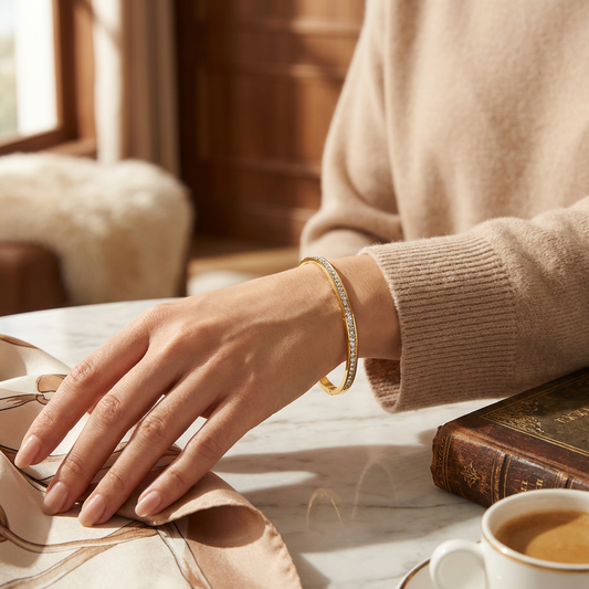 Gold Crystal Bangle Bracelet - model lifestyle shot