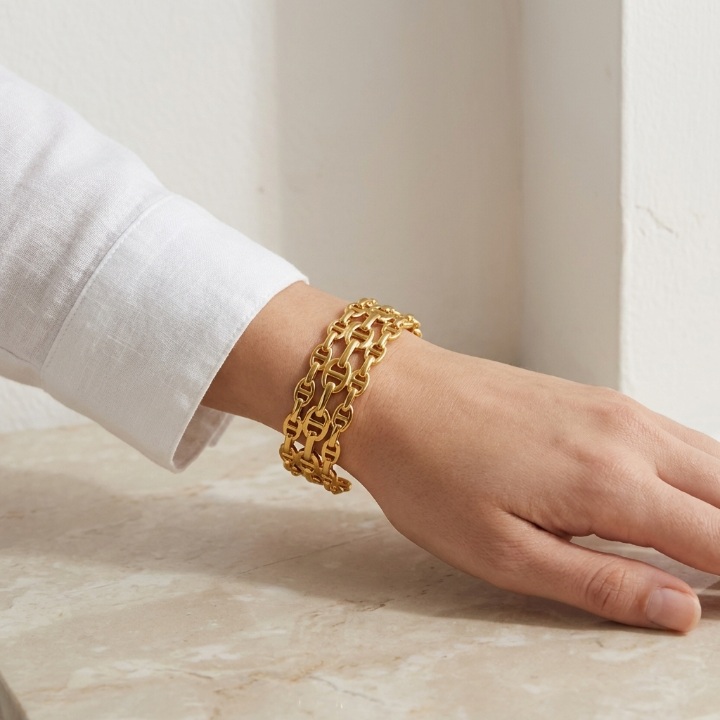Gold-Plated Triple Row Chain Link Cuff Bracelet - model lifestyle shot