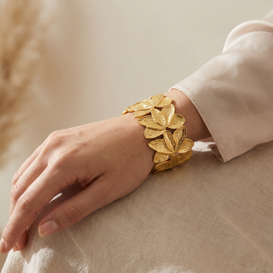 Gold-Plated Five-Petal Flower Cuff Bracelet - Model Shot