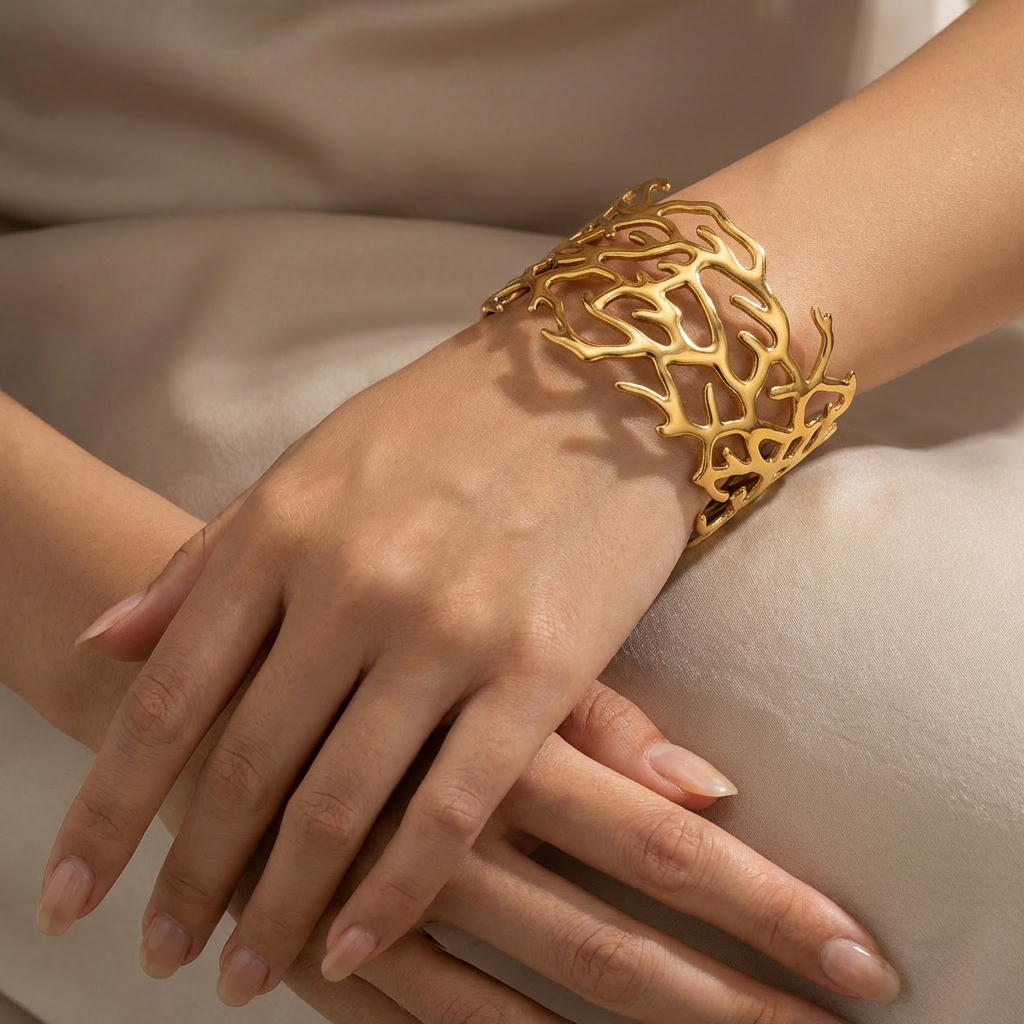 Gold-Plated Coral Branch Cuff Bracelet - Model Shot